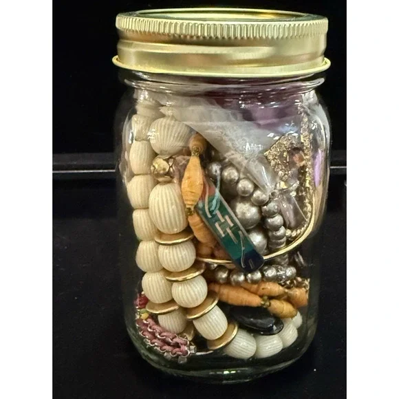 Jewelry Jar Wearable Lot Beads Necklaces Bracelets Earrings Vintage 16oz Jar - Picture 9 of 9